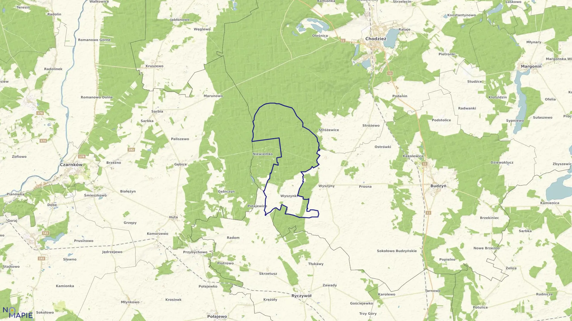 Mapa obrębu Wyszynki w gminie Budzyń